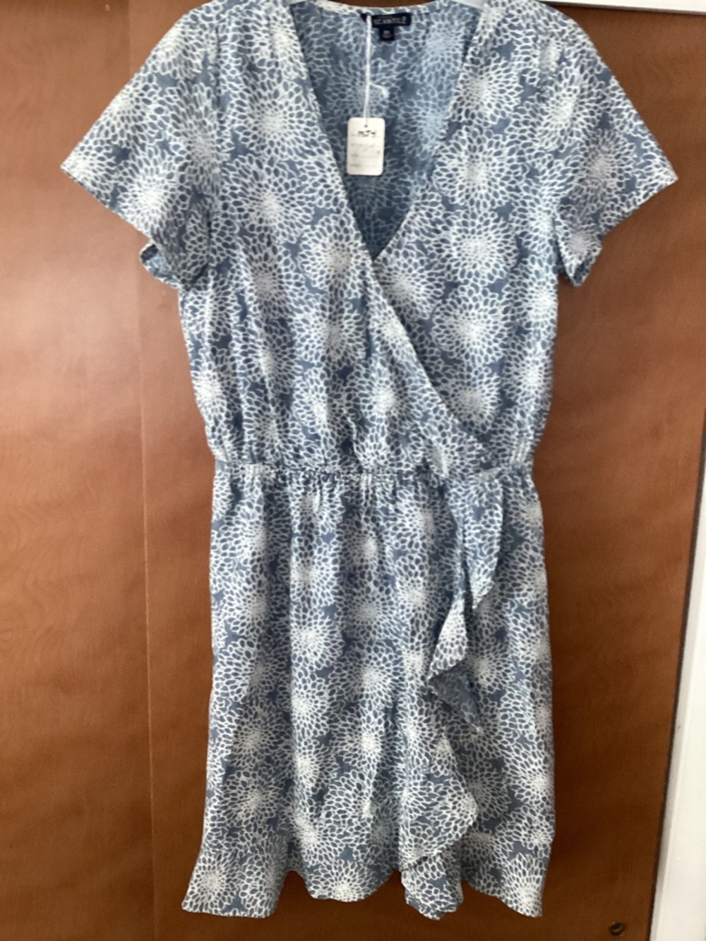 J Crew Mercantile Women’s X-Small Blue Floral Ruffle Faux wrap Chambray Dress
